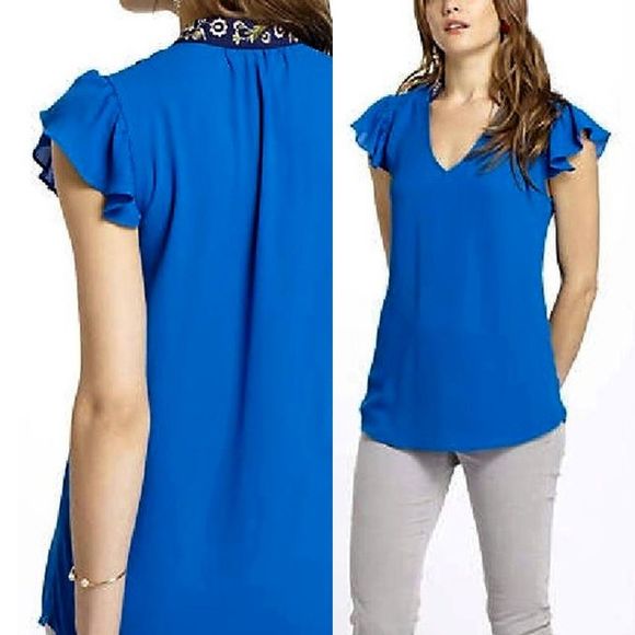 Anthropologie Tops - Anthropologie Embroidered Ruffle High Collar Top